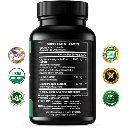 Organic Ashwagandha Capsules 2000 MG Root Powder Extract with Black Pepper & Lemon Balm 2 Month Supply - Natural Way to Relieve Stress