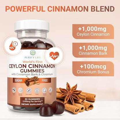 Purify Life Sugar-Free Ceylon Cinnamon Gummies (2,000mg/Serving) – Vegan, Gluten-Free Herbal Supplement – Replace Cinnamon Capsules, Pills & Powders – 60 Chews