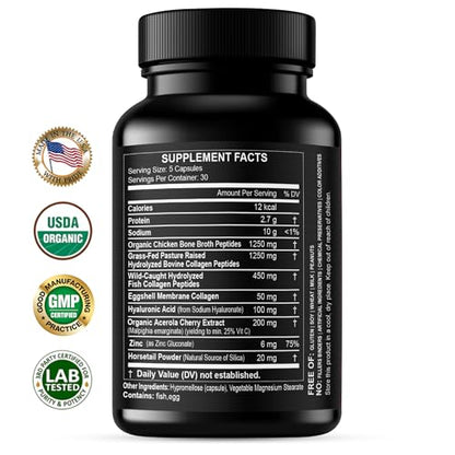 Collagen Peptides Powder with Vitamin C & Hyaluronic Acid - Organic Cleanest Sources & Super High Absorption - Hydrolyzed Multi Type I, II, III, V, X - Skin Hair Supplement (capsules)