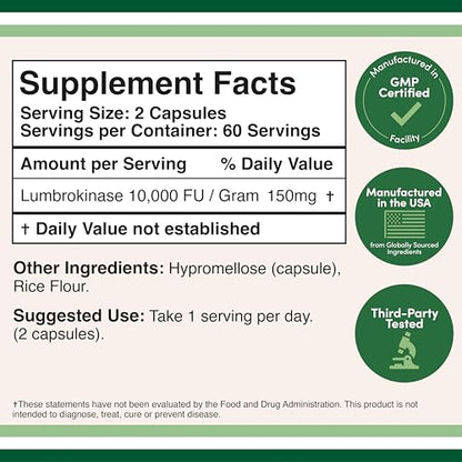 Lumbrokinase Enzymes Supplement - 120 Capsules (Max Activity 10,000 FU/Gram) 150mg per Serving (No Fillers, Non-GMO, Gluten Free) for Cardiovascular and Blood Circulation Support by Double Wood