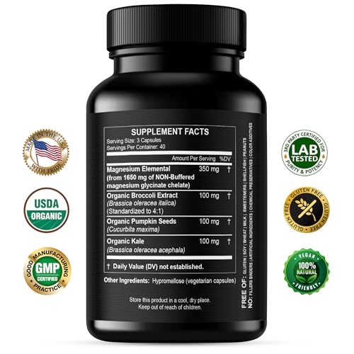 Pure Magnesium Glycinate Capsules - Non-Buffered 350mg Elemental Magnesium Supplement - Chelated High Absorption & Purity Magnesium Complex - Made in USA