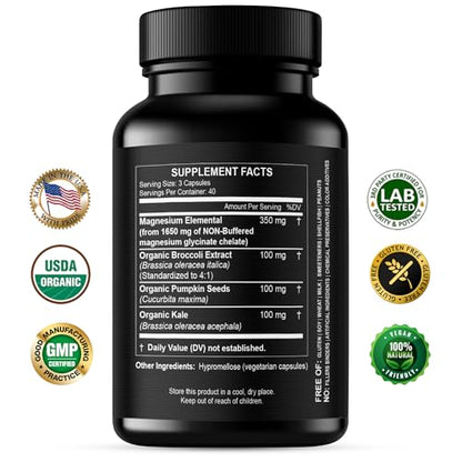 Pure Magnesium Glycinate Capsules - Non-Buffered 350mg Elemental Magnesium Supplement - Chelated High Absorption & Purity Magnesium Complex - Made in USA