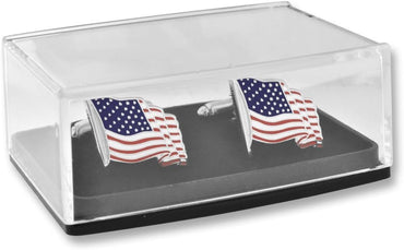 PinMart Waving American Flag Tie Clip & Cufflink USA Patriotic Bundle - Silver