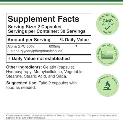 Alpha GPC Choline Capsules - 60 Count, 600mg Servings – Brain Support Aid that Supports Focus, Memory, Motivation, and Energy - (Made in the USA) Brain Support Supplement by Double Wood Supplements
