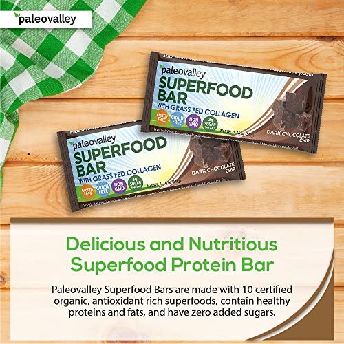 Paleovalley: Superfood Bars with Grass Fed Bone Broth Protein - Dark Chocolate Chip - 12 Bars - All Organic Ingredients with 10 Antioxidant-Rich Superfoods - No Gluten, Grains, Soy or Added Sugar