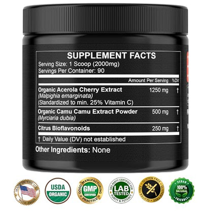 Natural Vitamin C from Organic Acerola Cherry & Camu Camu Powder - High Absorption with Citrus Bioflavonoids - Immune System & Collagen Booster - Anti Aging Skin Vitamins Made in USA 90 servings