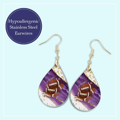 Purple White Gold Football Earrings Dangle Teardrop MDF Wood Sports School Team Spirit Fan Jewelry Gift for Women Mother's Day Handmade by The Painted Pug (Purple White Gold)