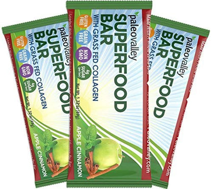 Paleovalley: Superfood Bars with Grass Fed Bone Broth Protein - Apple Cinnamon - 12 Bars - All Organic Ingredients with 10 Antioxidant-Rich Superfoods - No Gluten, Grains, Soy or Added Sugar