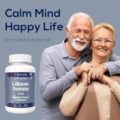 HARMONIFY Lithium Orotate 10mg with Magnesium Taurate & L-Tryptophan – Non-GMO, Gluten-Free, Vegan Friendly Lithium Supplement for Wellness – 60 Capsules
