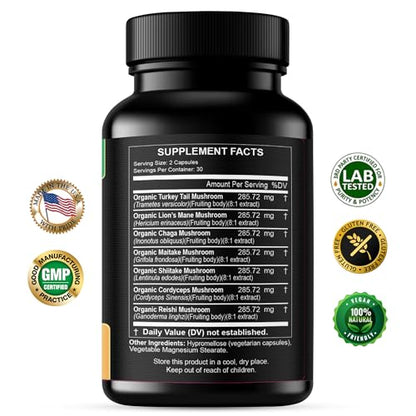 Mushroom Supplement Extracts of Lions Mane Cordyceps Chaga Reishi Turkey Tail Maitake Shiitake Capsules - Natural Vitamins Minerals Antioxidants Supplement - Made in The USA