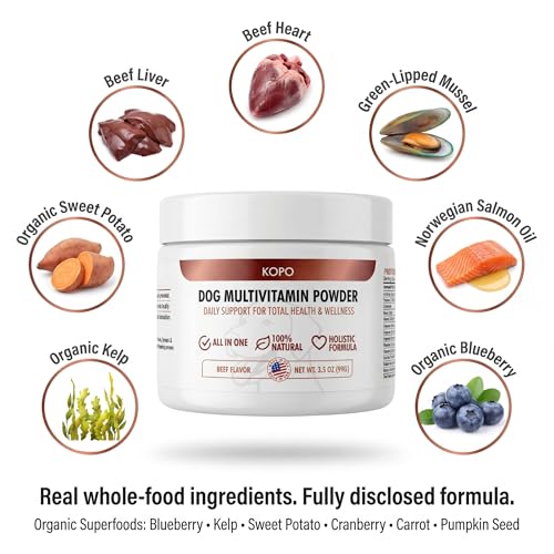 Kopo Dog Multivitamin Powder | Supports Heart, Daily Vitality, Immune Health, Digestion, Skin & Coat and Hip & Joint | For Puppy, Adult & Senior Dogs | Beef Liver Flavor | All Breeds Sizes | 99 Scoops