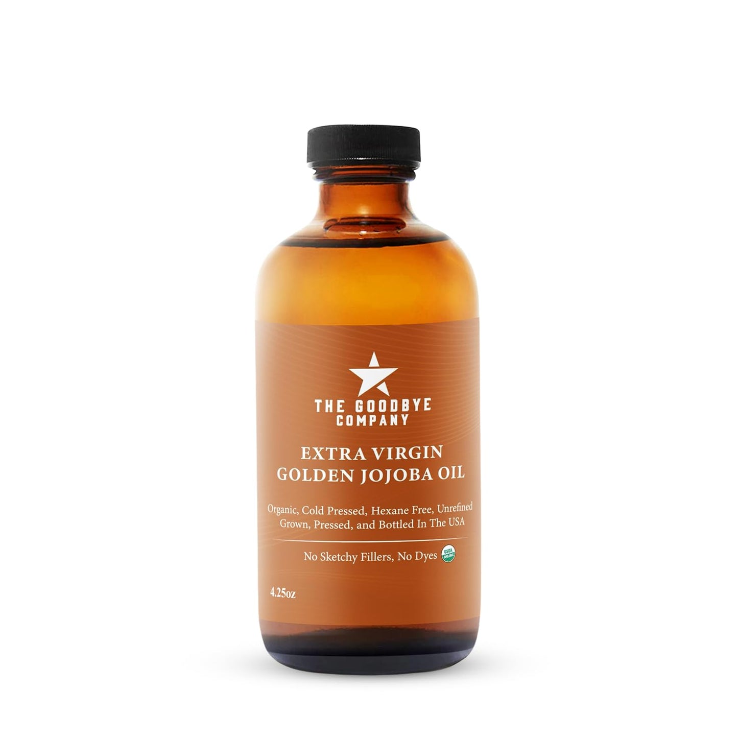 The Goodbye Company USDA Organic Extra Virgin Golden Jojoba Oil – 4.25 Fl Oz; Cold Pressed Unrefined Pure Jojoba Oil Certified Organic for Body and Facial Skin and Hair; USA Sourced with No Additives