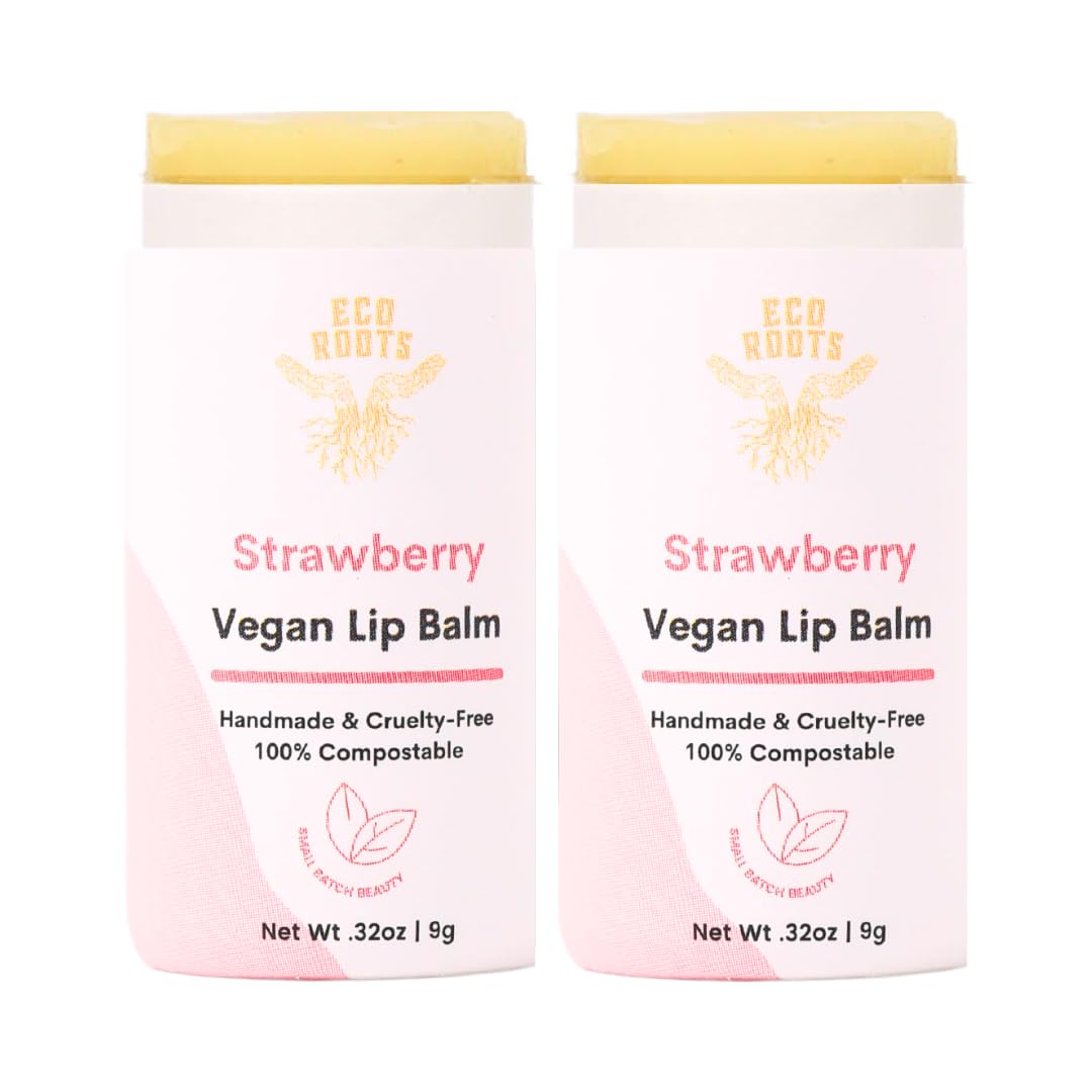 Strawberry Scented Lip Balm 2 Pack - Vegan and Organic Lip Moisturizer - Cruelty-Free, Eco-Friendly - Made in USA with Compostable Packaging - Artfully Crafted Lip Balm Set