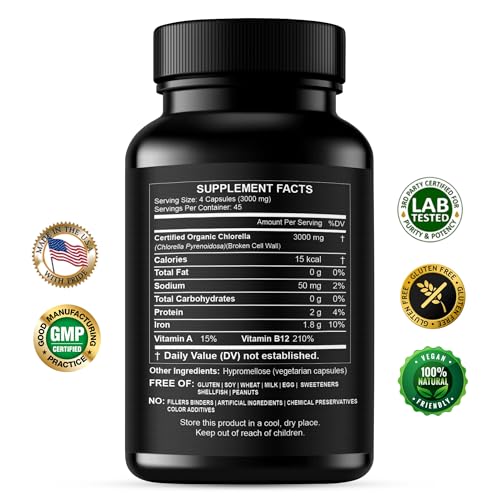 Chlorella Capsules 3000 mg - Cracked Cell Wall Blue Green Algae Supplement - Best Natural Detox Cleanse - Plant Vitamins Minerals Chlorophyll Vegan Protein Powder Pills - Made in USA