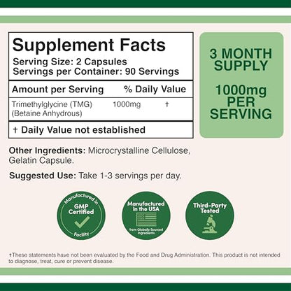 Double Wood Supplements TMG Trimethylglycine Supplement 1,000mg Per Serving, 180 Capsules (TMG Supplements for Homocysteine Control) Genuine TMG with Fishy Smell, Gluten Free, Non-GMO