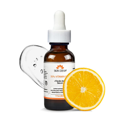 SKIN DEVA 20% Vitamin C Serum for Face with Vitamin E Plus Ferulic Acid Skincare Water Based 1 fl oz 30 ML Rejuvenates Skin to Fresh & Neutralizes Free Radicals to Brighten Even Vitamin Serum