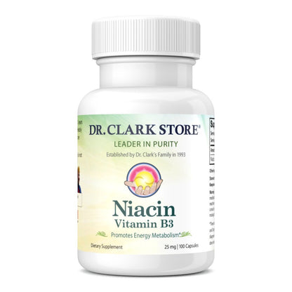 Dr. Clark Niacin (Vitamin B3) Supplement – 25mg, 100 Gelatin Capsules, Supports Circulation & Healthy Cholesterol Levels
