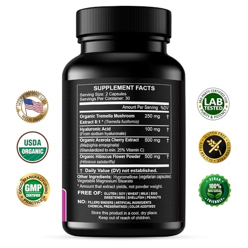 Natural Hyaluronic Acid Supplement 5X Stronger Hydration Pills from Pure Tremella Mushroom with Vitamin C & Hibiscus - Skin Supplement Anti Wrinkle Dietary Capsules - hair nails vitamins