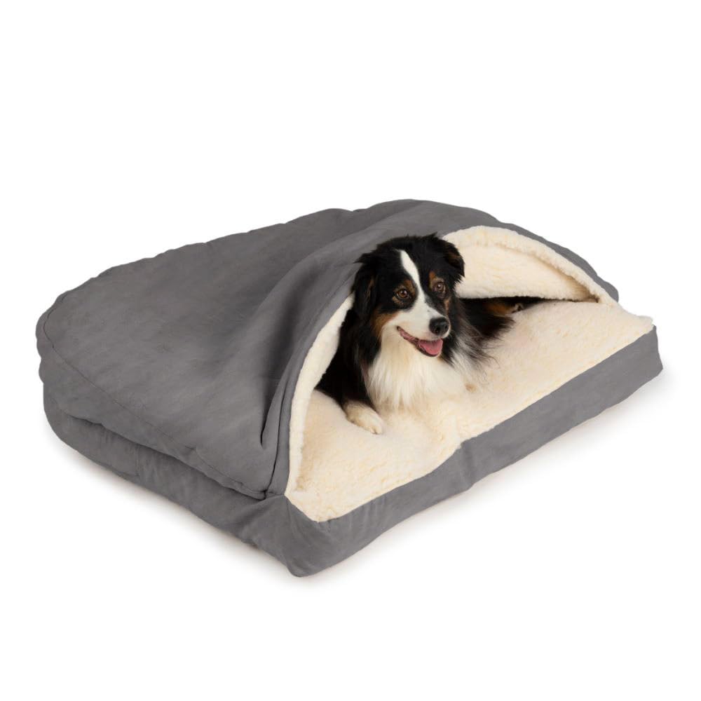 Snoozer Rectangle Cozy Cave Dog Bed - Indoor Dog Bed with Cover Cave, Covered Calming Burrow for Small Sized Pets with Blanket Attached, Enclosed, Washable - Small, Heather Gray