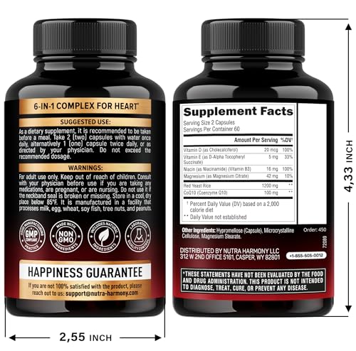 Red Yeast Rice 1200 mg with CoQ10 100 mg - with Magnesium | Niacin | Vitamin E & D3 - Heart Health Support, Energy & Metabolism - Effective, Flush-free & Laboratory Tested - Made in USA, 120 Capsules