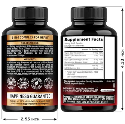 Red Yeast Rice 1200 mg with CoQ10 100 mg - with Magnesium | Niacin | Vitamin E & D3 - Heart Health Support, Energy & Metabolism - Effective, Flush-free & Laboratory Tested - Made in USA, 120 Capsules