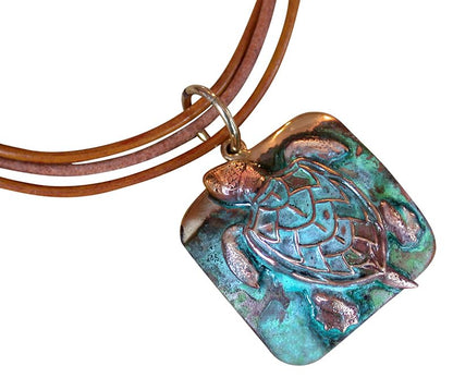 Elaine Coyne Collectible Artwear Verdigris Patina Solid Brass Classic Sea Turtle Pendant on Triple Rawhide by Elaine Coyne -Necklace is USA Made