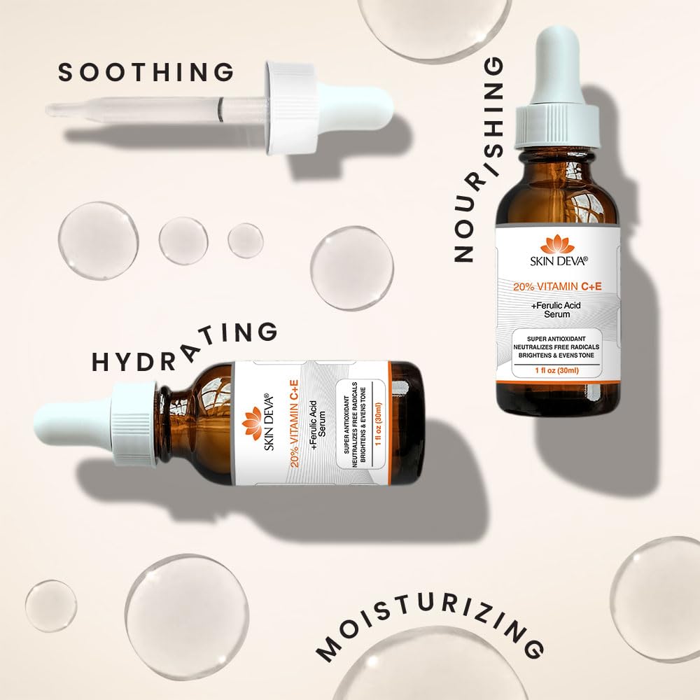 SKIN DEVA 20% Vitamin C Serum for Face with Vitamin E Plus Ferulic Acid Skincare Water Based 1 fl oz 30 ML Rejuvenates Skin to Fresh & Neutralizes Free Radicals to Brighten Even Vitamin Serum