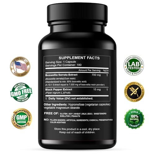 HCL HERBAL CODE LABS Boswellia Serrata Extract Capsules 65% Boswellic Acid 700mg Equal to 7000mg Resin Powder, Extra Strength & Superior Absorption, 6 Month Supply 180 Vegan Capsules Non-GMO
