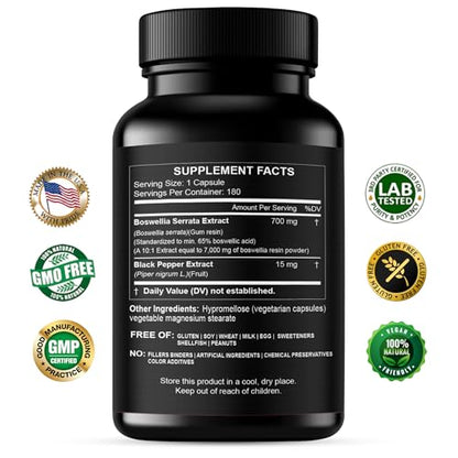 HCL HERBAL CODE LABS Boswellia Serrata Extract Capsules 65% Boswellic Acid 700mg Equal to 7000mg Resin Powder, Extra Strength & Superior Absorption, 6 Month Supply 180 Vegan Capsules Non-GMO