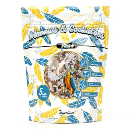 Mycelium Organic Macaw & Cockatoo Plus Bird Food (5 LBS) | High-Protein Bird Seed for Large Birds | Vitamin-Enriched Daily Nutrition | Skin & Feather Support | Non-GMO & USA Made