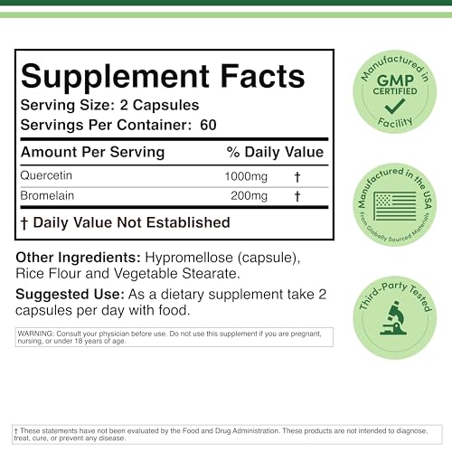 Quercetin with Bromelain - 120 Count (1,200mg Servings) Immune Health Capsules - Supports Healthy Immune Functions in Men and Women (Vegan Safe, Third Party Tested, Gluten Free) by Double Wood