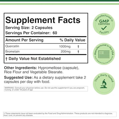 Quercetin with Bromelain - 120 Count (1,200mg Servings) Immune Health Capsules - Supports Healthy Immune Functions in Men and Women (Vegan Safe, Third Party Tested, Gluten Free) by Double Wood