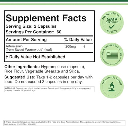 Artemisinin (Sweet Wormwood Cleanse)(Artemisia Annua) 200mg Per Serving, 120 Capsules (Two Month Supply) Vegan Safe, Non-GMO, Gluten Free (Immune Support) by Double Wood