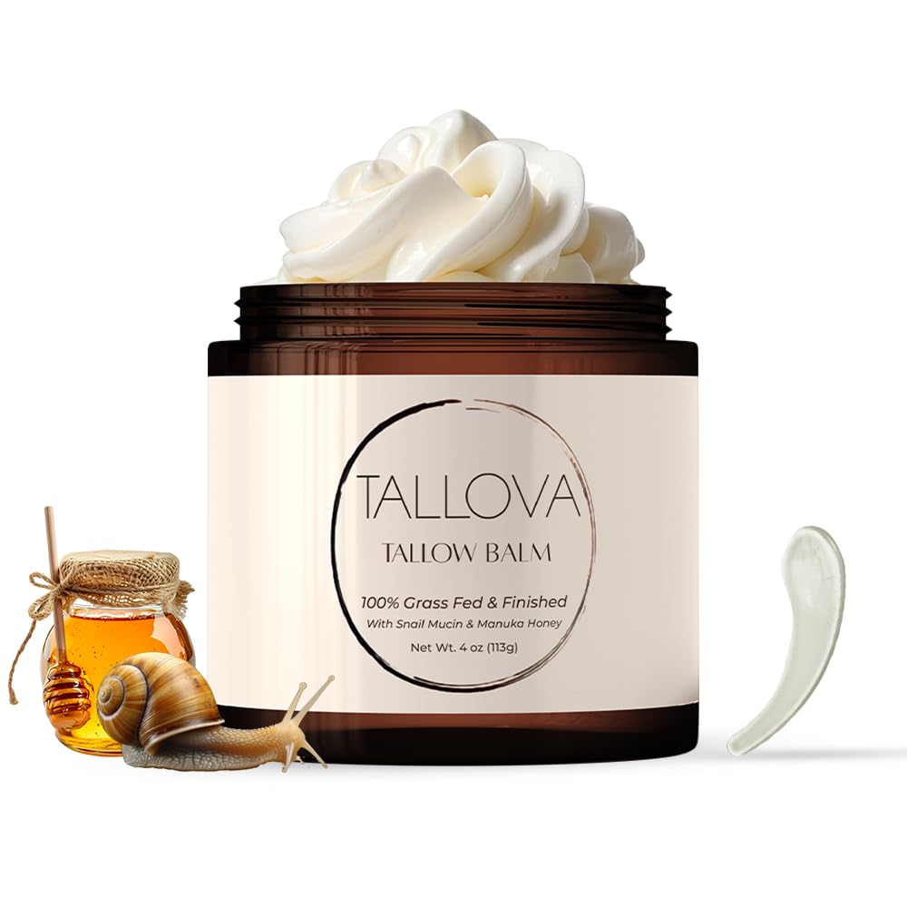 Tallova Hydrating Tallow Balm - Organic Beef Tallow for Skin. Enhanced with Snail Mucin & Manuka Oil, Unscented Eczema Care Moisturizer for Adult Men & Women. 4 Oz