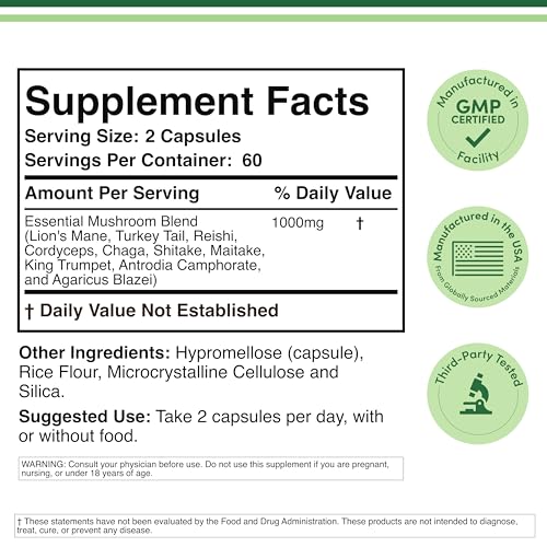 Double Wood Supplements Mushroom Complex Supplement - 1,000mg - 10 Most Essential Mushrooms (Lion's Mane, Reishi, Cordyceps, and More), 120 Capsules