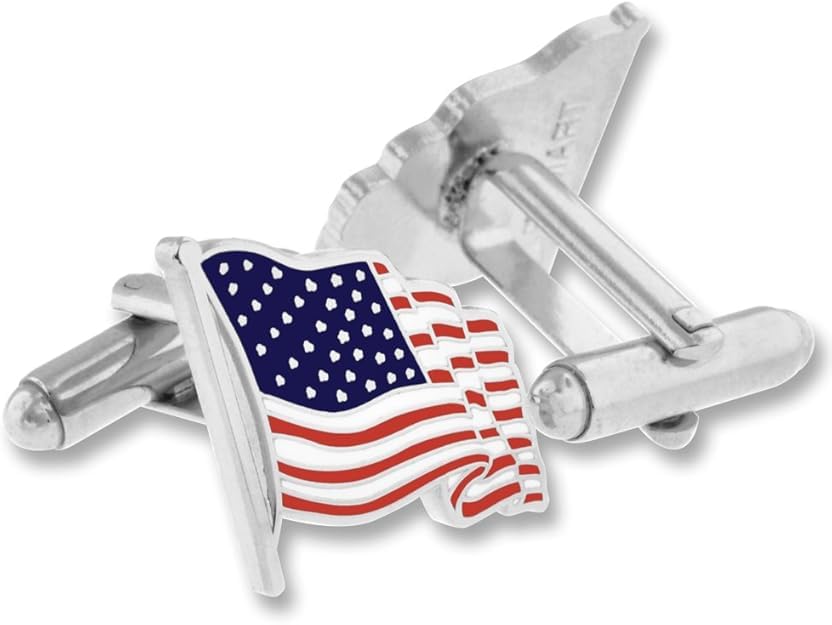 PinMart Waving American Flag Tie Clip & Cufflink USA Patriotic Bundle - Silver