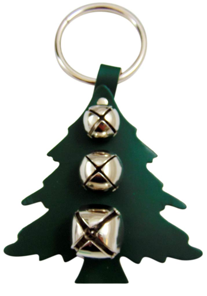 Christmas Tree Sleigh Bell Door Hanger with Brass Bells and Green Leather Made in The USA