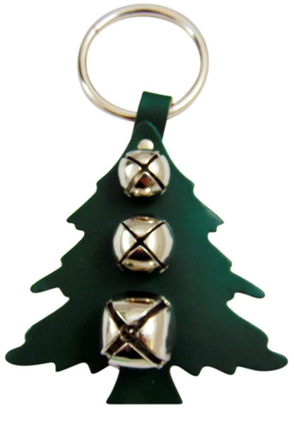 Christmas Tree Sleigh Bell Door Hanger with Brass Bells and Green Leather Made in The USA