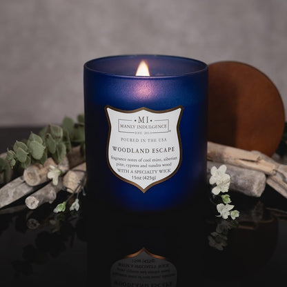 Manly Indulgence Woodland Escape Scented Candles for Men, 15 oz Wooden Wick, Fathers Day Candle, 60H Burn, Candles for Home Scented - Made in The USA