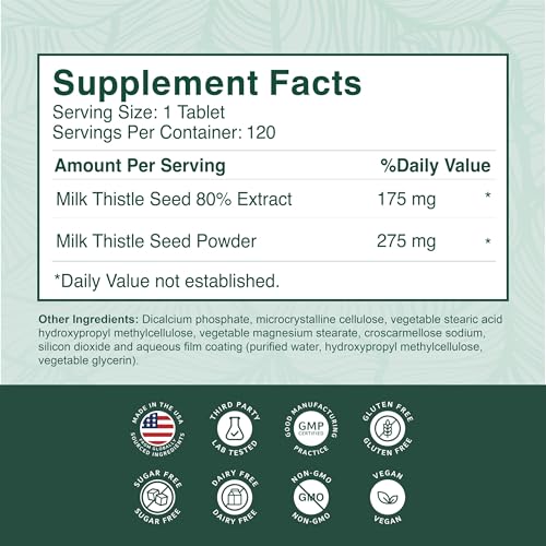 PurePremium Milk Thistle Supplement – Liver Cleanse Detox & Repair, 80% Silymarin Standardized Extract – High Potency 450mg Complex Supports Normal Liver Function – Non-GMO, Gluten-Free - 120 Supply