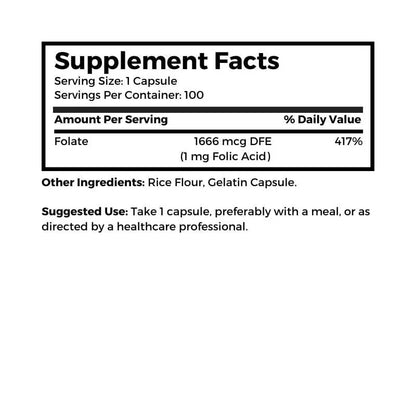 Dr. Clark Folic Acid (Vitamin B9) Supplement – 1mg, 100 Gelatin Capsules, Essential B Vitamin for Daily Health