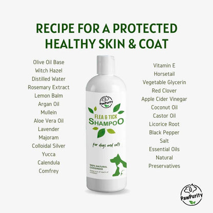 PawPurity Flea/Tick Shampoo, Natural Plant & Mineral-Based Ingredients Only, Improves Dog & Cat Skin & Coat Health, Honeysuckle-Citrus Scent, Eco Friendly Product & Packaging Made in USA (8OZ)