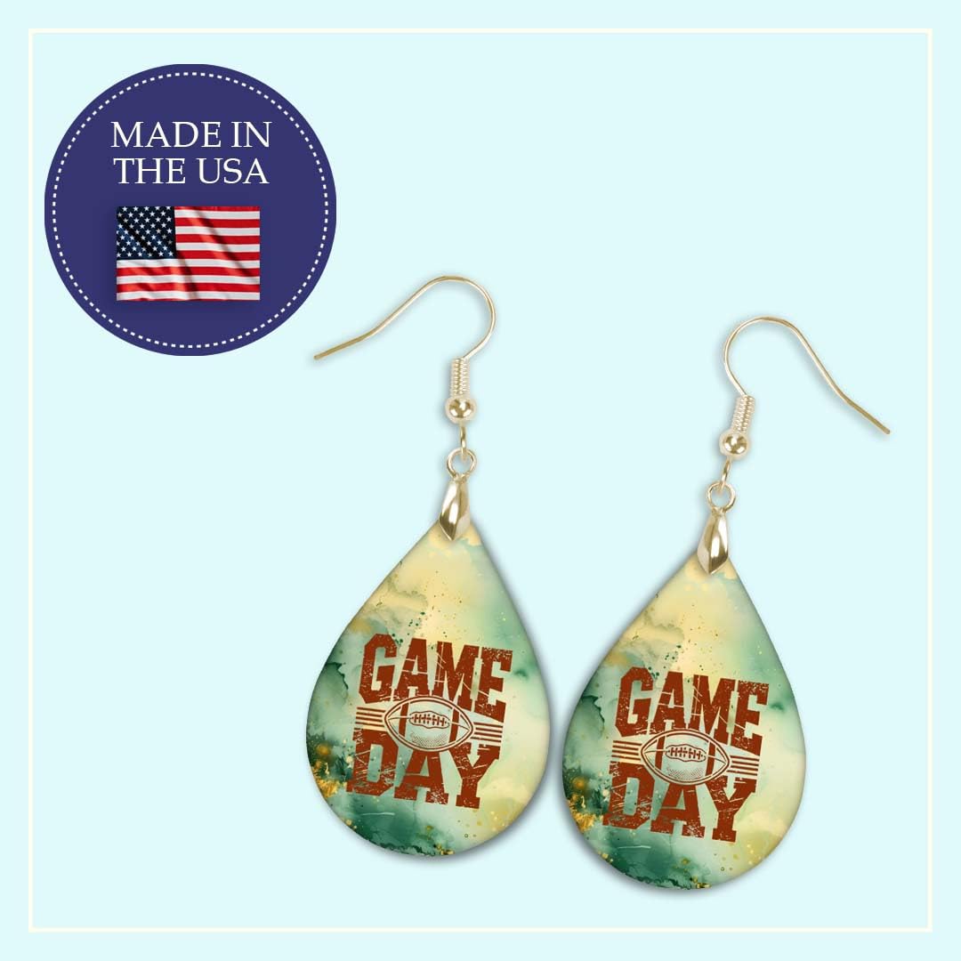 Football Gameday Earrings Green Gold Dangle Dangling Teardrop 2.25 Inches Long Lightweight Double-Sided Design Handmade by The Painted Pug