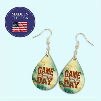 Football Gameday Earrings Green Gold Dangle Dangling Teardrop 2.25 Inches Long Lightweight Double-Sided Design Handmade by The Painted Pug