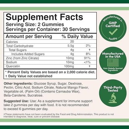 Quercetin Gummies with Zinc (100mg of Quercetin and 91% Daily Zinc per Serving) 60 Mango Flavored Chewable Immune Support Gummies for Adults and Kids (Non-GMO and Gluten Free) by Double Wood