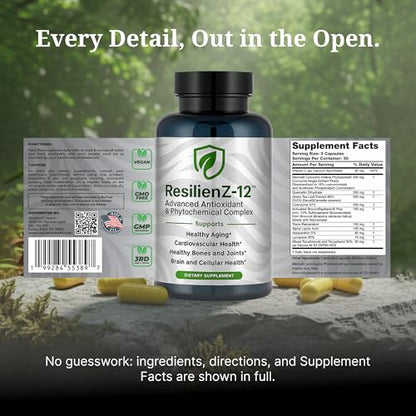 ResilienZ-12 Healthy Aging & Cellular Health – 12-in-1 Longevity Antioxidant Complex w/Meriva Curcumin Phytosome, Sulforaphane, CoQ10, EGCG, Resveratrol, Quercetin, Tocotrienols & Astaxanthin