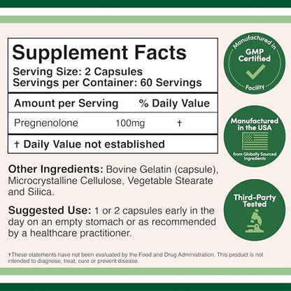 Pregnenolone 100mg per Serving (Converted to Progesterone to Boost Progesterone Levels) - Third Party Tested - 120 Capsules (50mg per Capsule) Non-GMO by Double Wood