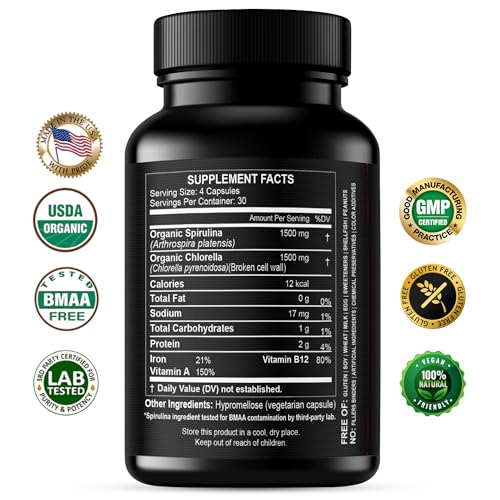 Chlorella Spirulina Powder Capsules Organic 3000 mg of BMAA Free Purest Blue Green Algae - Best Natural Detox Raw Vegan Vitamins Protein Green Superfood - Made in USA