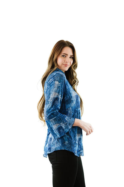 SNO SKINS Spring/Summer Collection Designer Print Crinkle Sweetheart Top with Stand Collar (Denim Love)