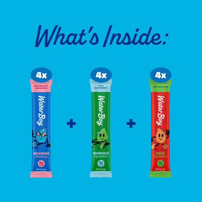 Waterboy Hydration Recovery Variety | 4-9x Electrolyte Powder Packets | Ginger + L-Theanine + L-Glutamine + Vitamins | No Sugar, All Natural, Gluten Free | 12 Drink Stick Mixes (Variety Pack)